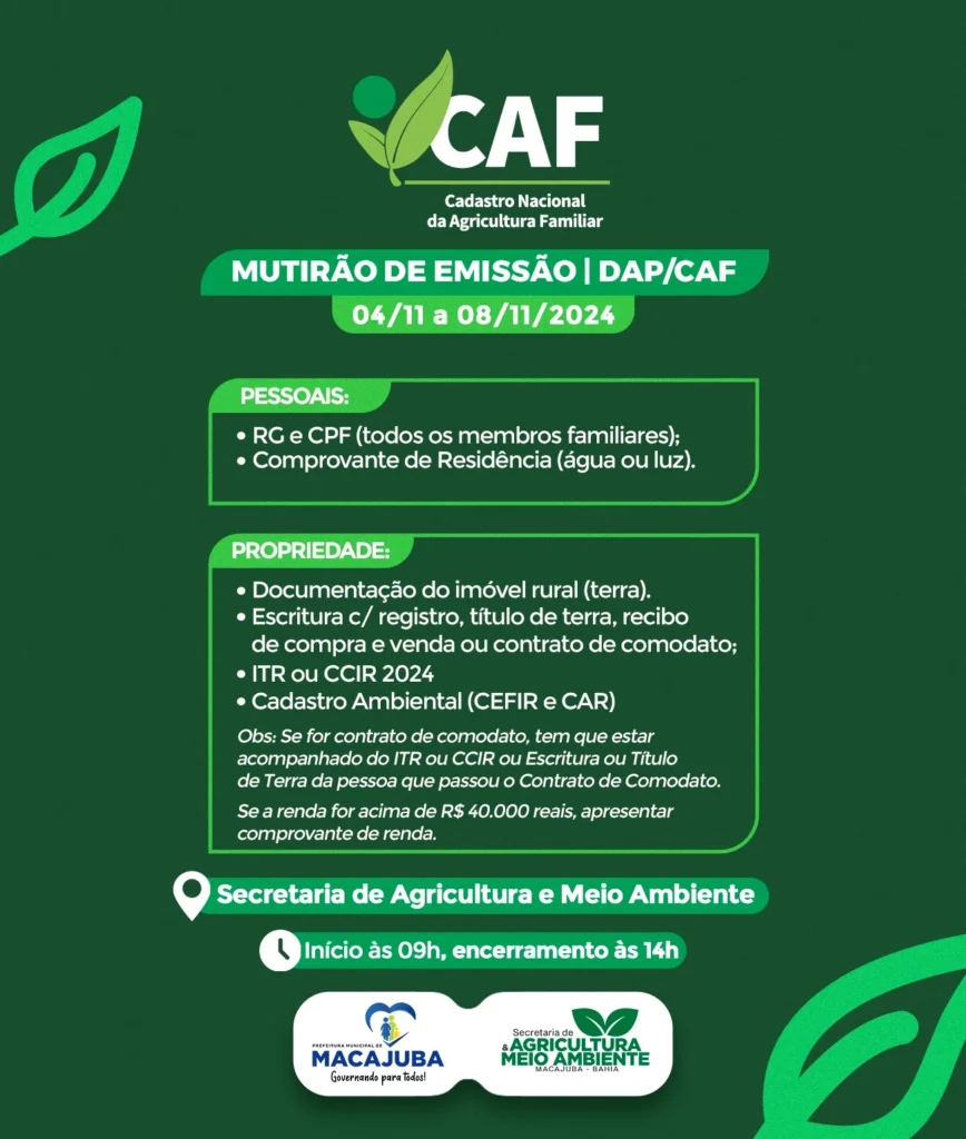 Secretaria de agricultura promovera do dia 04 a 08 de novembro o mutirao do cadastro nacional de agricultura familiar